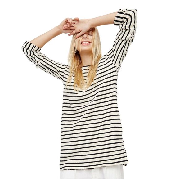 FREE PEOPLE Come On Over Striped Tunic Dress Pockets Beach Small Cotton Sweater - Picture 4 of 10